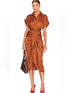 Steve Madden Rust Brown Button-Front Maxi Dress with Tie Waist
